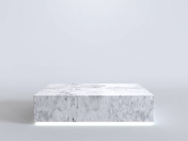 Neon beyaz arka plan üzerinde parlayan ışık ile boş mermer podyum. 3D render.