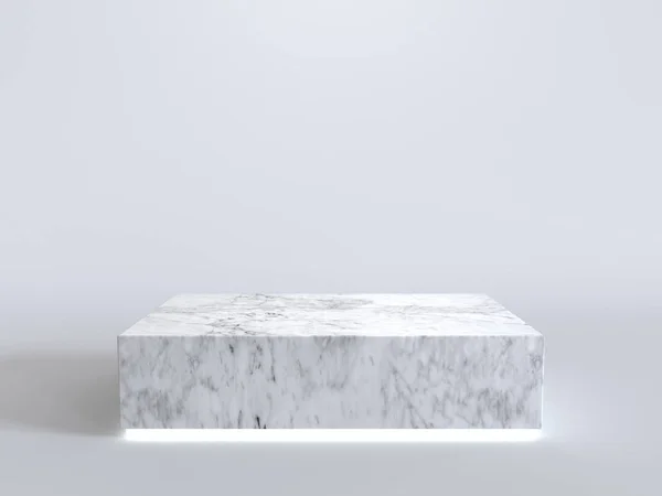 Podio de mármol vacío con luz de neón que brilla sobre fondo blanco. Renderizado 3D . — Foto de Stock
