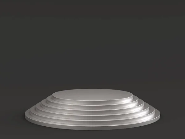 Prázdné stříbrné pódiové jeviště na tmavém pozadí. 3D vykreslování. — Stock fotografie