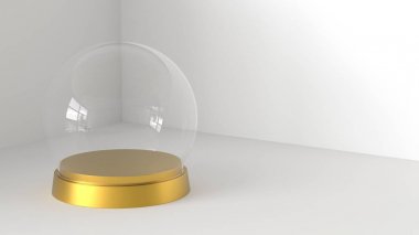 Boş cam kartopu beyaz zemin üzerine altın tepsi ile. 3D render.