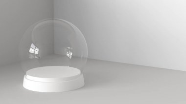 Boş cam kartopu beyaz arka plan üzerinde beyaz tepsi ile. 3D render.