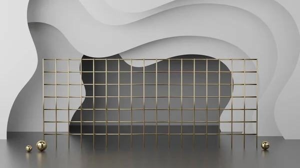 Abstrakter Hintergrund Primitive Geometrische Formen Pastellfarbe Metallgitter Schaufenster Zylinderpodest Darstellung lizenzfreie Stockbilder