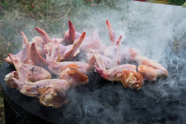 Grelhar carne no fogão a lenha — Fotografia de Stock