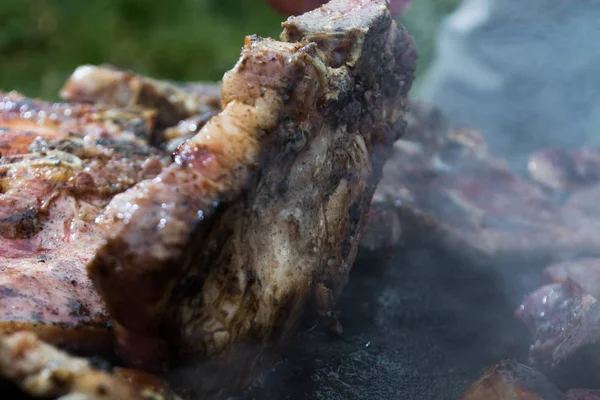 Grilling meat on wood stove — Stock Photo, Image