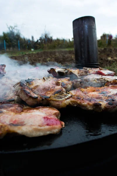 Grelhar carne no fogão a lenha — Fotografia de Stock