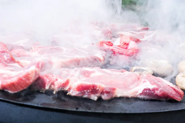 나무 난로에 고기를 굽고 — 스톡 사진