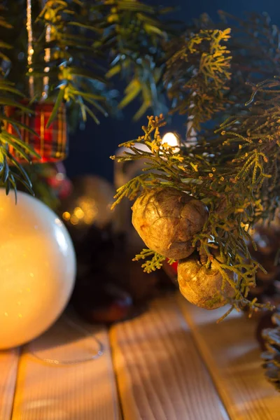 New Year table decorated with ornaments — Stock Photo, Image