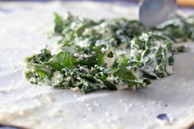 Ev yapımı Phyllo veya meyveli turta hamuru ile peynir ve ıspanak üzerinde bir ho