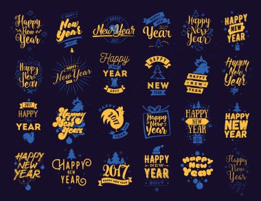 Mutlu yeni yıl tipografik amblem seti.