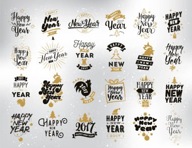 Mutlu yeni yıl tipografik amblem seti.