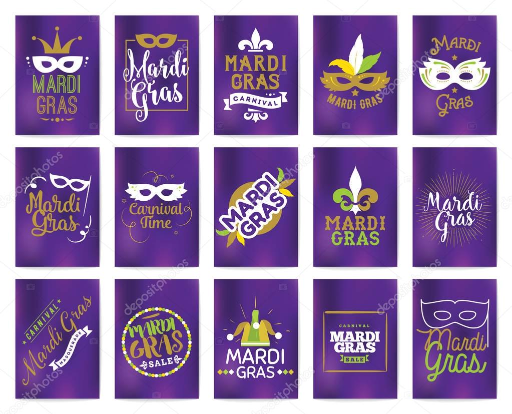 Mardi Gras greeting cards set. Vector typography, logo with text. Usable as banners, flyers and posters. Fat tuesday, carnival. Isolated elements.