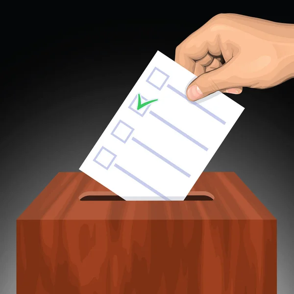 Hand legt Stimmzettel mit anerkanntem Häkchen in die Wahlurne — Stockvektor