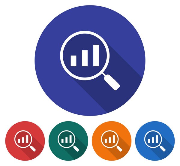 Round icon of increase magnifying glass. Flat style illustration with long shadow in five variants background color