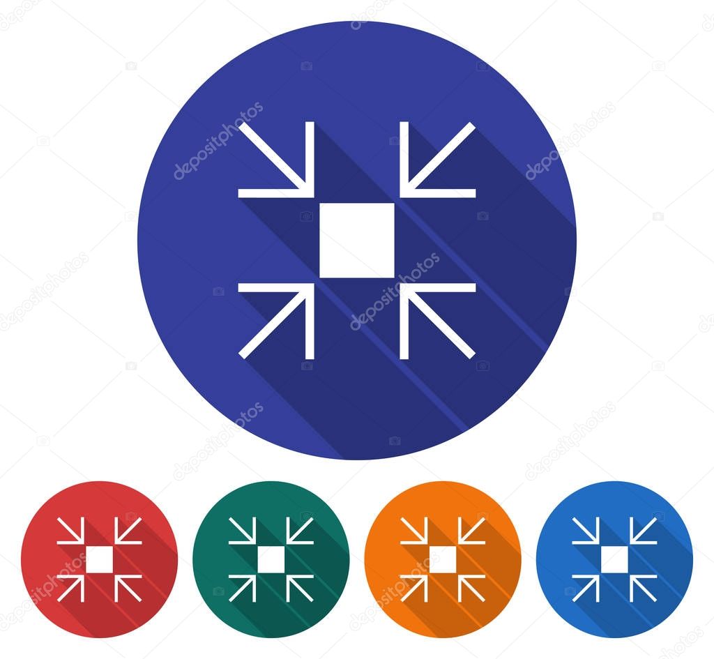 Round icon of reduce screen size. Flat style illustration with long shadow in five variants background color 