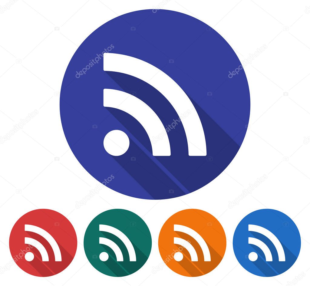 Round icon of RSS sign. Flat style illustration with long shadow in five variants background color