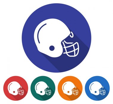 Amerikan futbolu oyuncusu kask yuvarlak simge. Beş değişik arka plan rengini uzun gölge ile düz stil illüstrasyon       