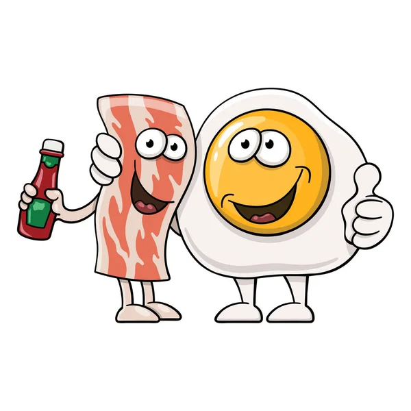 Rolig Tecknad Stekt Ägg Bredvid Bacon Med Ketchup Flaska — Stock vektor