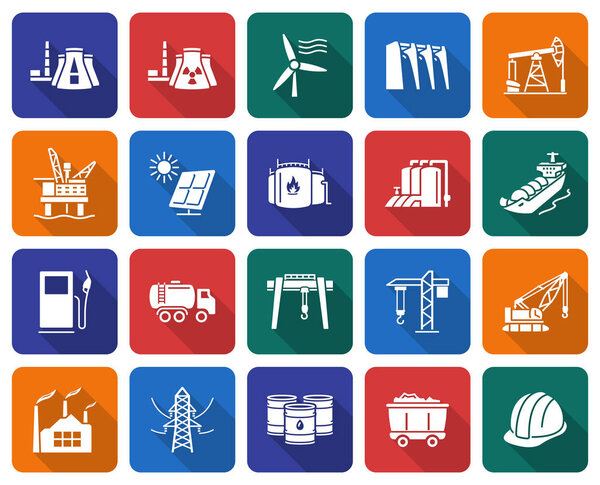 Коллекция круглых квадратных иконок: промышленность, строительство и энергетика
