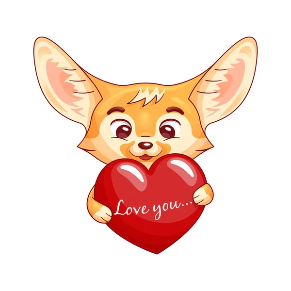 Cute Enamoured Fennec Fox Holds Big Cartoon Heart Love You — 스톡 벡터