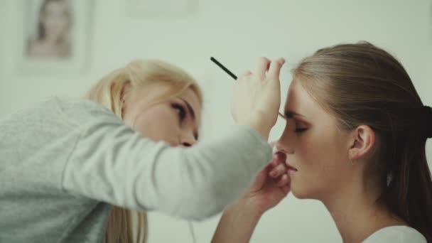 Make-up artist mette una spazzola per il trucco per il modello degli occhi. Piuma — Video Stock