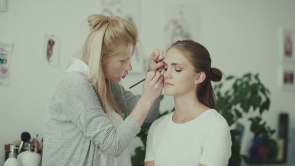 Make-up artiest en model. Make-up. Meisje make-up met lange witte haren. — Stockvideo