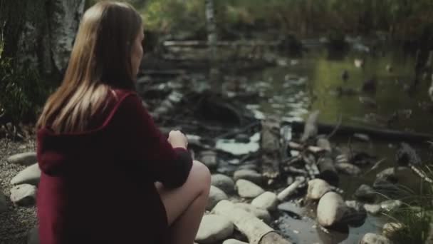 Ein Mädchen sitzt am Ufer des Sees und füttert die Enten. Teich mit Enten. — Stockvideo