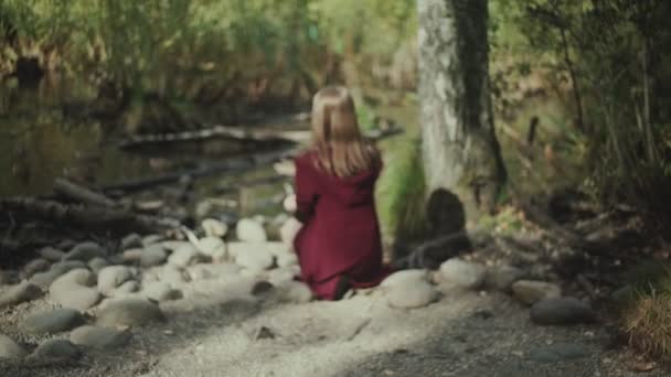 Das Mädchen mit den langen Haaren füttert die Enten. Teich mit Enten. — Stockvideo