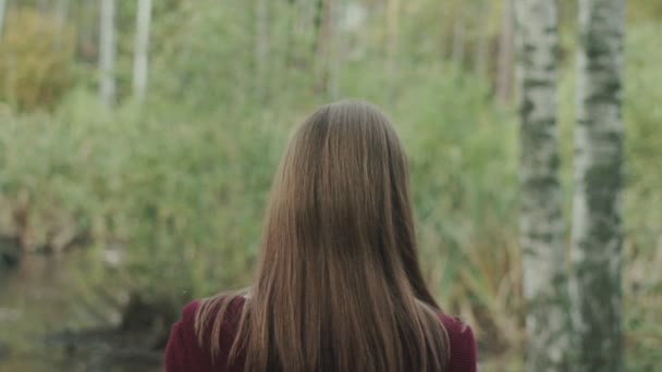 La espalda de una chica con el pelo largo en un suéter de color burdeos. La chica mira el estanque . — Vídeos de Stock