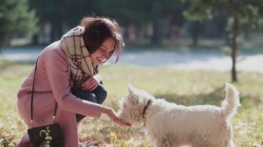 Güneşli bir günde köpeğiyle yürüyen gülümseyen genç kadın.