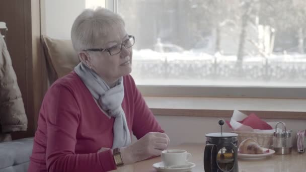 Reife Frau 50-60 Jahre Café rührt Zucker an und trinkt Tee. — Stockvideo