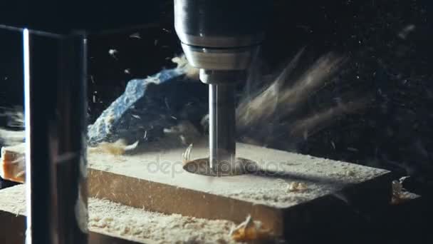 Slowmotion. Człowiek z elektrycznej układanki cięcia kawałek drewna — Wideo stockowe