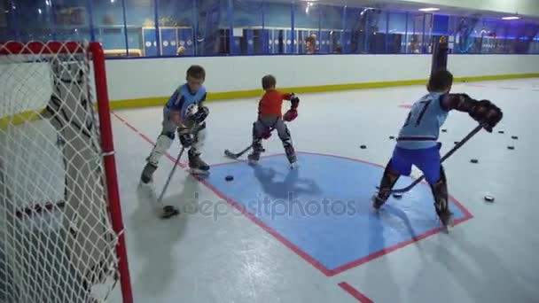 Russia, Novosibirsk, 2017: Goalkeepers junior learn to catch the puck — Stock Video