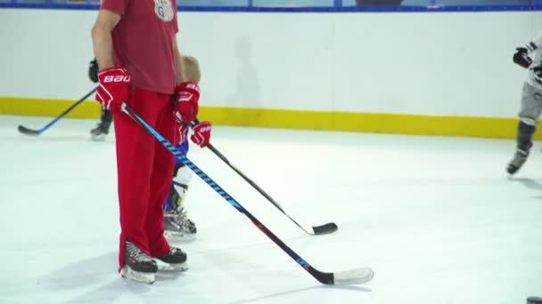 Rusia, 2017: El equipo de hockey sobre niños entrenador enseña a los niños — Vídeos de Stock