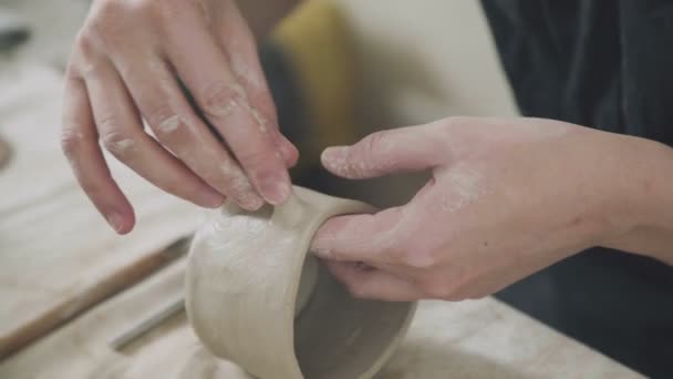 Ceramiche fatte a mano: una tazza di argilla. Il processo di creazione di ceramiche — Video Stock