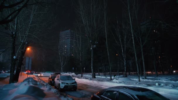 .noche camino nevado en la ciudad, iluminado por la luz de las linternas — Vídeos de Stock