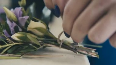 Yakın çekim: Çiçekçi Çiçek bir kompozisyon toplanır. Çiçekçi.