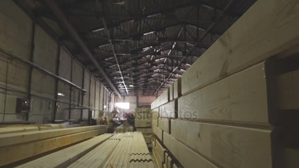 Slats fuera de debajo de la máquina. Aserrín de madera.Industria maderera — Vídeos de Stock