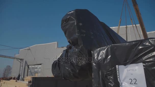 Marchandises emballées accrochées au crochet suspendu de la grue . — Video