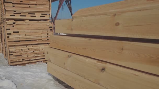 Ébauches en bois pour la production de bois collé stand dans la rue — Video