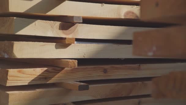 Деревянные доски аккуратно сложены в аккуратные ряды. Доски для строительства — стоковое видео