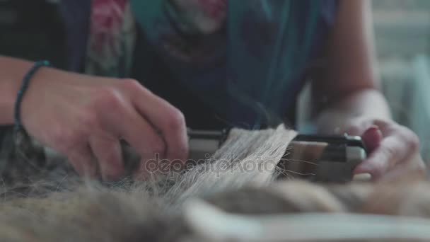 Femme coiffeur mains faisant des boucles à des cheveux sains avec des fers à friser — Video