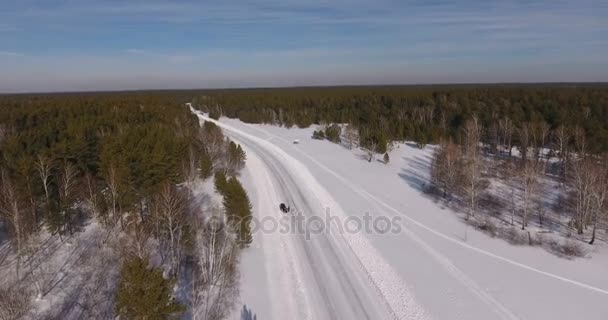 Vista aérea desde helicóptero. Amigos viajan a lo largo del camino de invierno . — Vídeo de stock