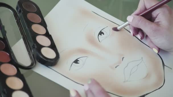 Artista de maquiagem aprende a tonificar no rosto usando mapa de rosto e pincel — Vídeo de Stock