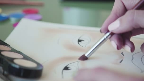 Inspiration: the make-up artist draws face-lines on watercolor paper — Stock Video