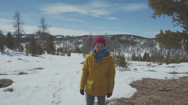 Bergbeklimmer bereikt de top van een besneeuwde berg. Man van de reiziger. — Stockvideo