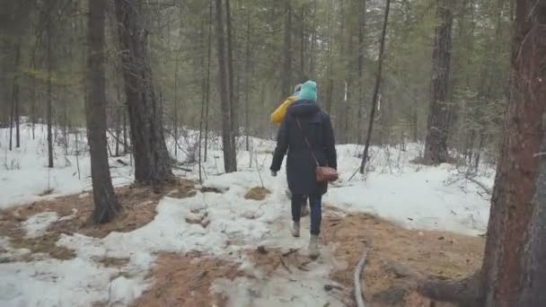 Grupo de jóvenes están caminando en el bosque de primavera . — Vídeo de stock