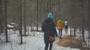 Bir grup genç insan bahar ormanda yürüyüş