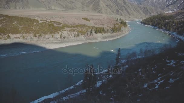 A mountain chain and a river between two rocks. Natural landscape — Stock Video