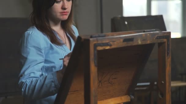 Καλλιτέχνης στο καβαλέτο. Νεαρή γυναίκα ζωγράφος ζωγραφίζει μια εικόνα σε καμβά. — Αρχείο Βίντεο