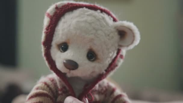 Een teddybeer in een rode Scandinavische trui. Collectible zacht stuk speelgoed — Stockvideo